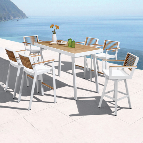 6 Seater St Lucia Aluminium Teak, Outdoor Bar Table Set