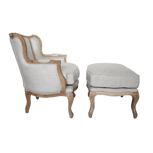 Beige Valeriana Oak Wood Ottoman with Linen Cushion