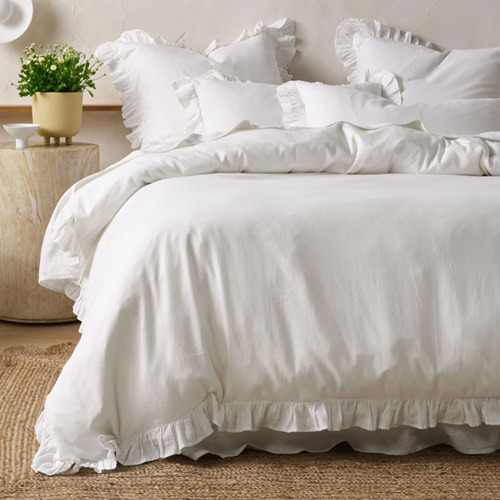 White Vintage Ruffle Linen-Blend Quilt Cover Set