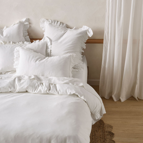 White Vintage Ruffle Linen-Blend Quilt Cover Set