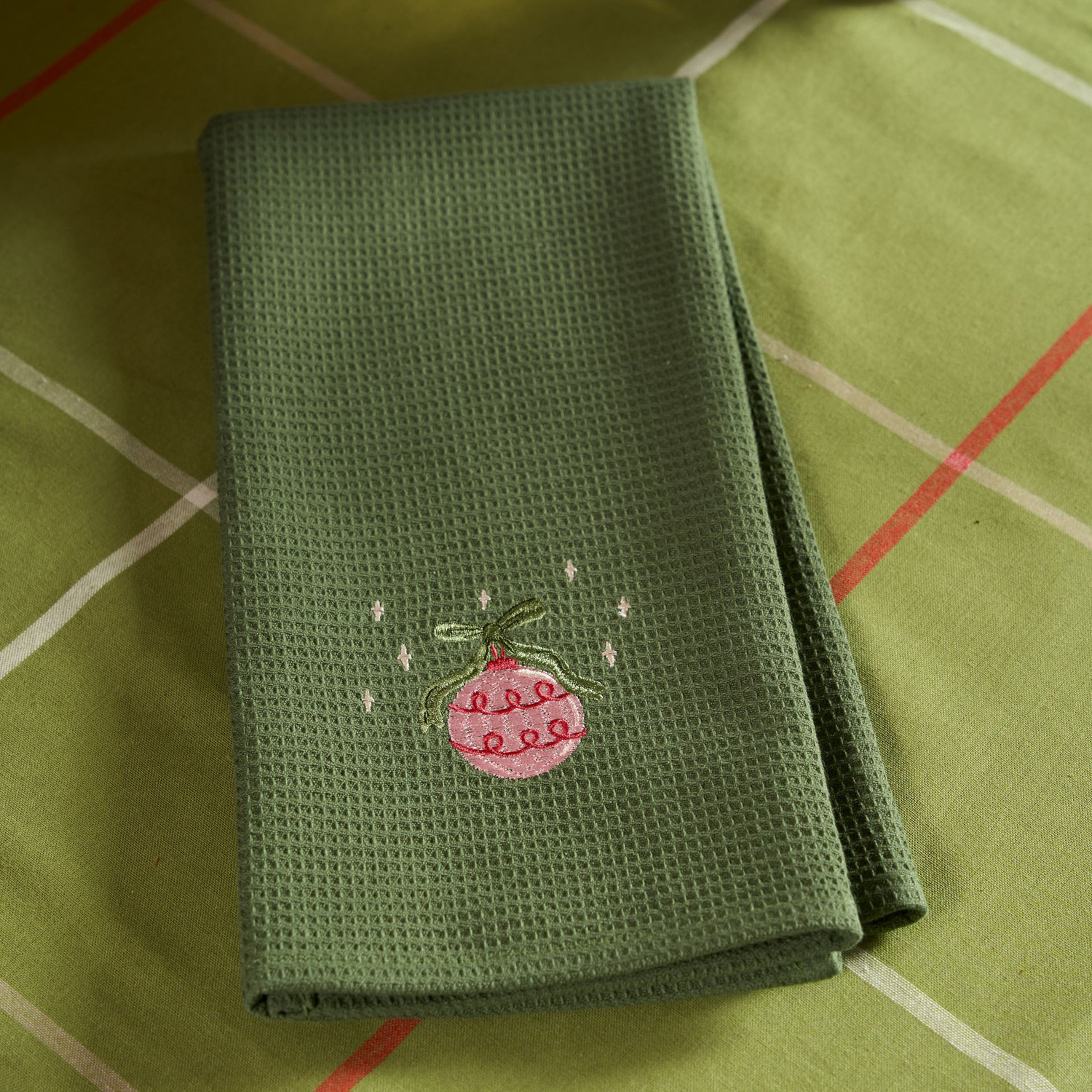 Embroidered Bauble Cotton Waffle Tea Towels