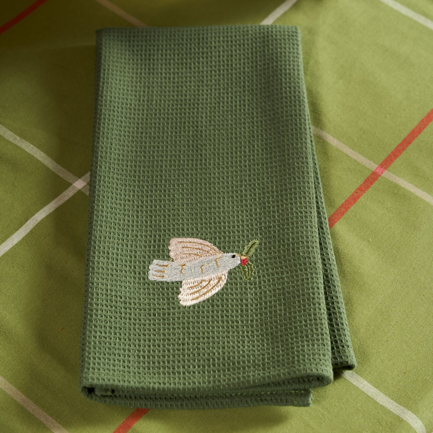 Embroidered Dove Cotton Waffle Tea Towels