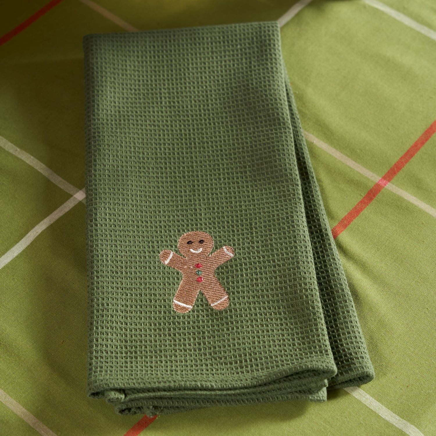 Embroidered Gingerbread Cotton Waffle Tea Towels