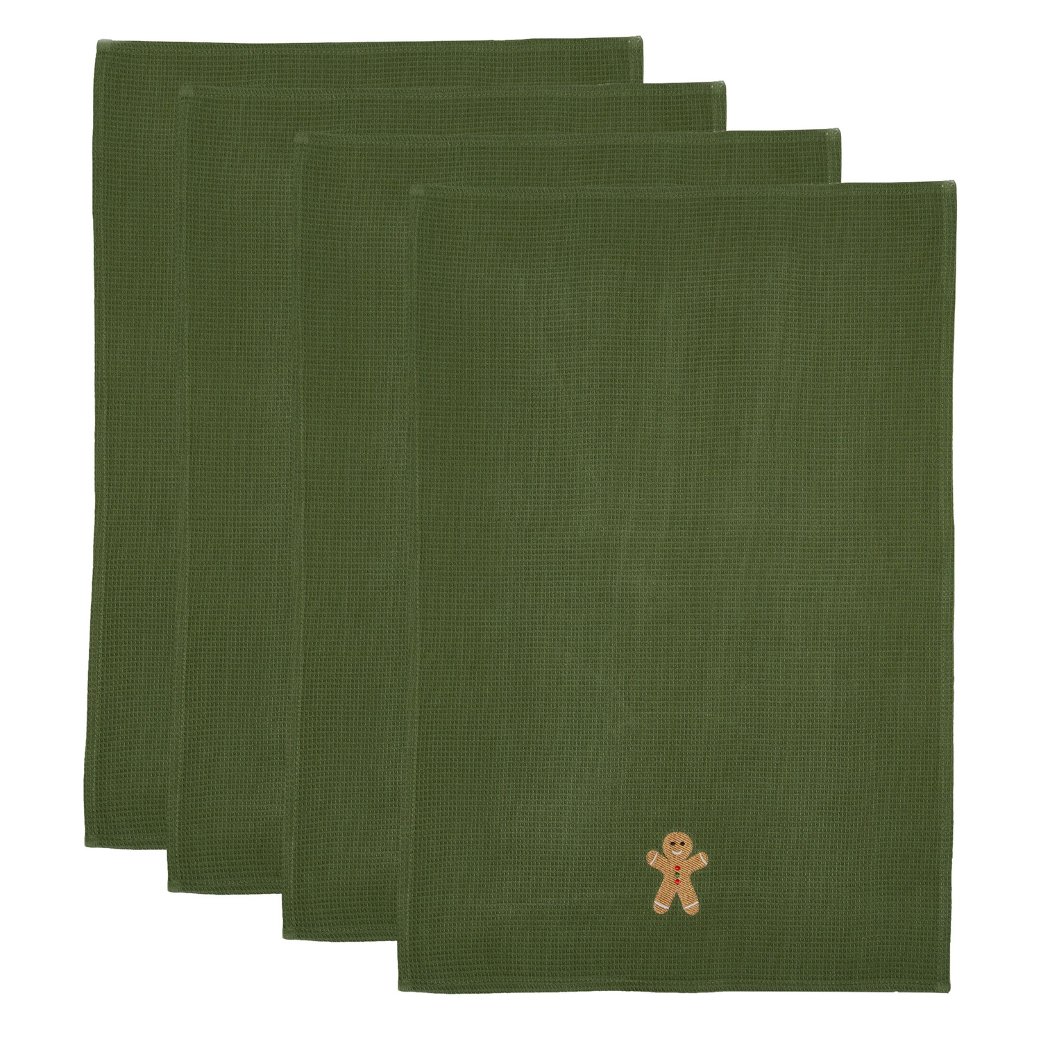 Embroidered Gingerbread Cotton Waffle Tea Towels