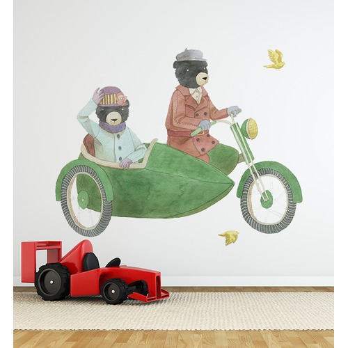 Bears Riding Together with Side Car Wall Sticker