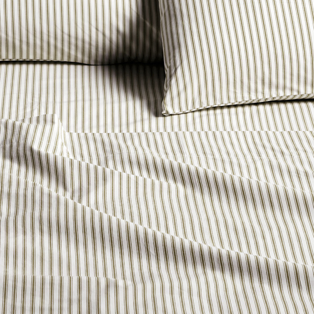 Olive Ticking Stripe Cotton Sheet Set
