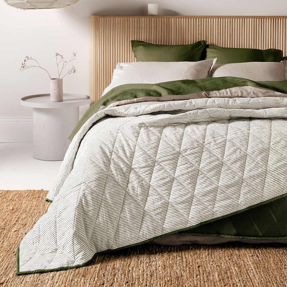 Khaki Chambray Mini Stripe Linen & Cotton Coverlet
