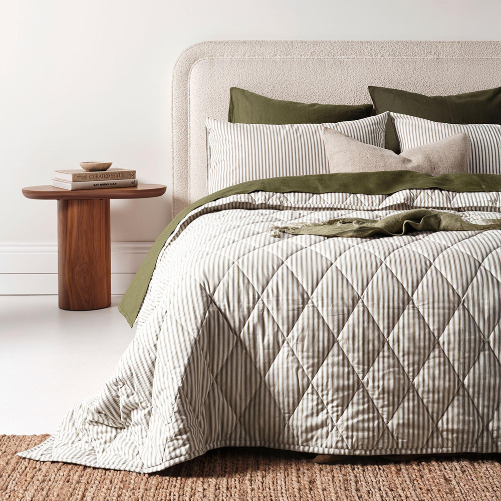 Olive Ticking Stripe  Cotton Coverlet