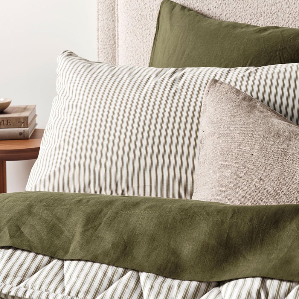 Olive Ticking Stripe  Cotton Coverlet