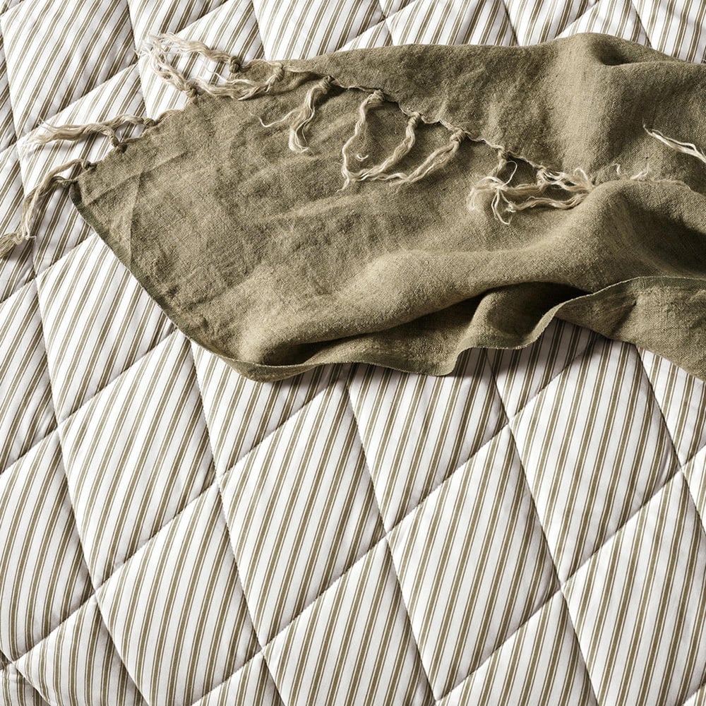 Olive Ticking Stripe  Cotton Coverlet