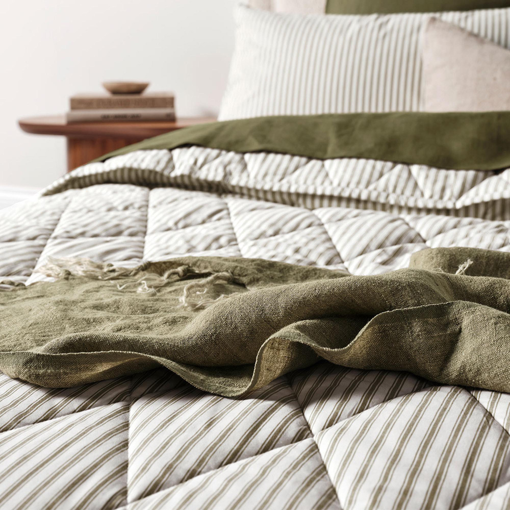 Olive Ticking Stripe  Cotton Coverlet
