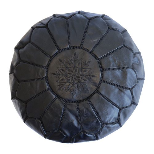 Moroccan Leather Round Ottoman Cover, Black Leather Round Ottoman
