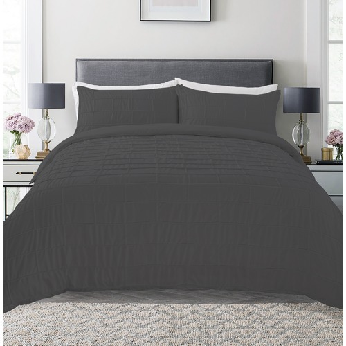 Dreamaker Charcoal Grid Microfibre Quilt Cover Set Temple & ster