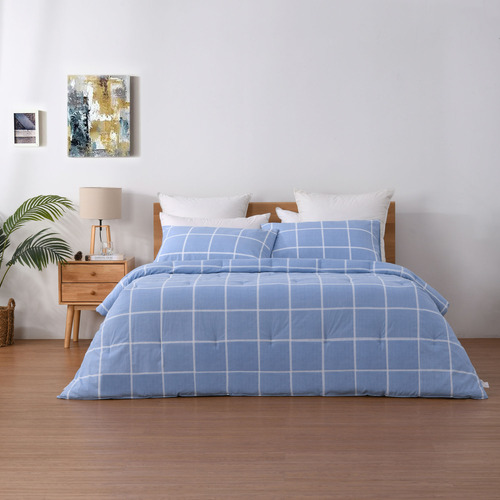 Blue Checkered Washed Cotton Comforter Set