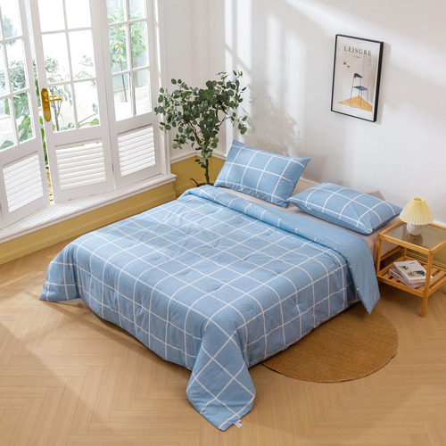 Blue Checkered Washed Cotton Comforter Set
