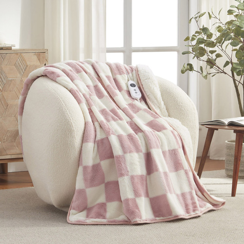 Checkered-Faux-Fur-Heated-Throw