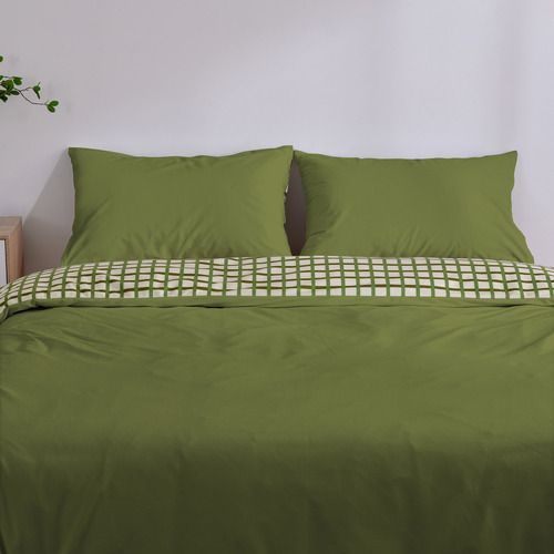 Olive Grid Micro Flannel Reversible Quilt Cover Set