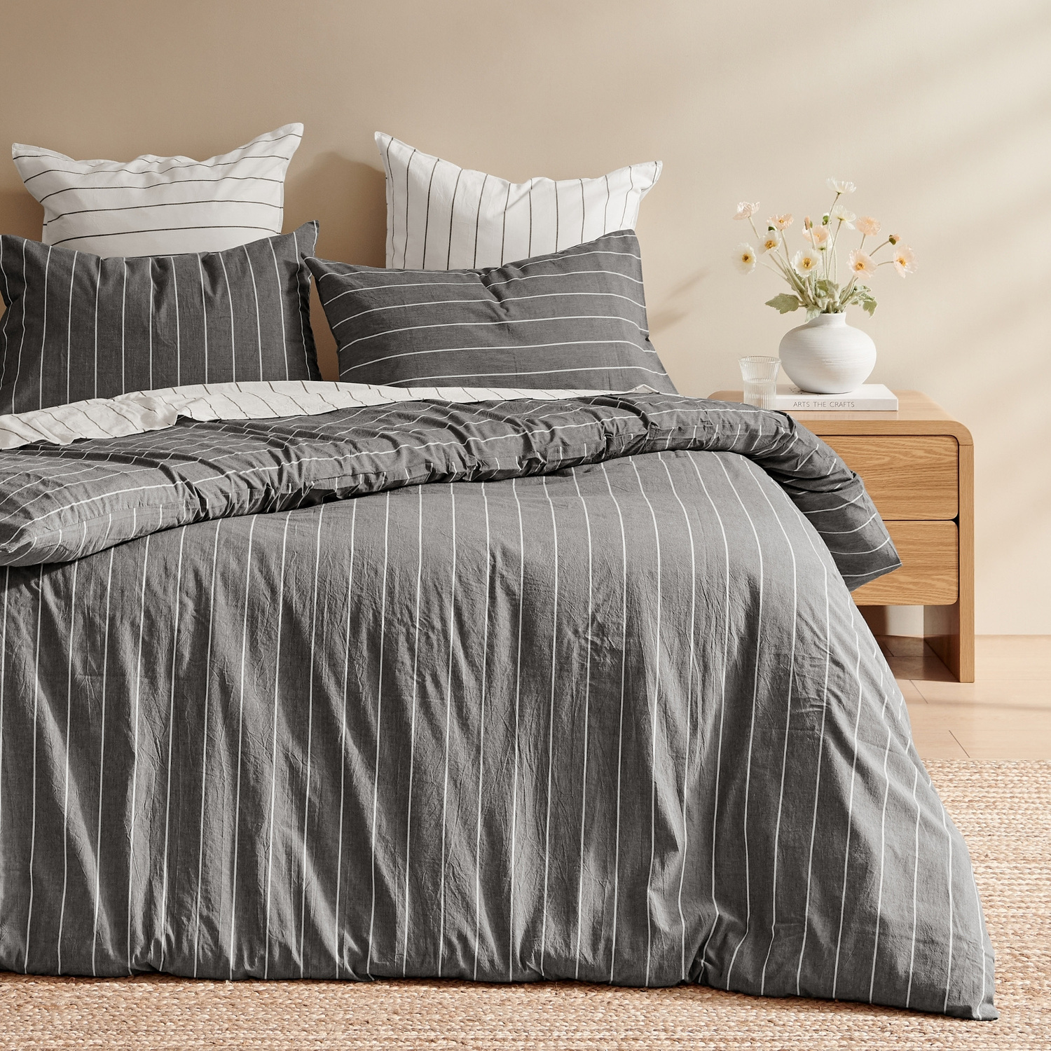 Graphite & White Zinnia Washed Cotton Reversible Quilt Cover Set