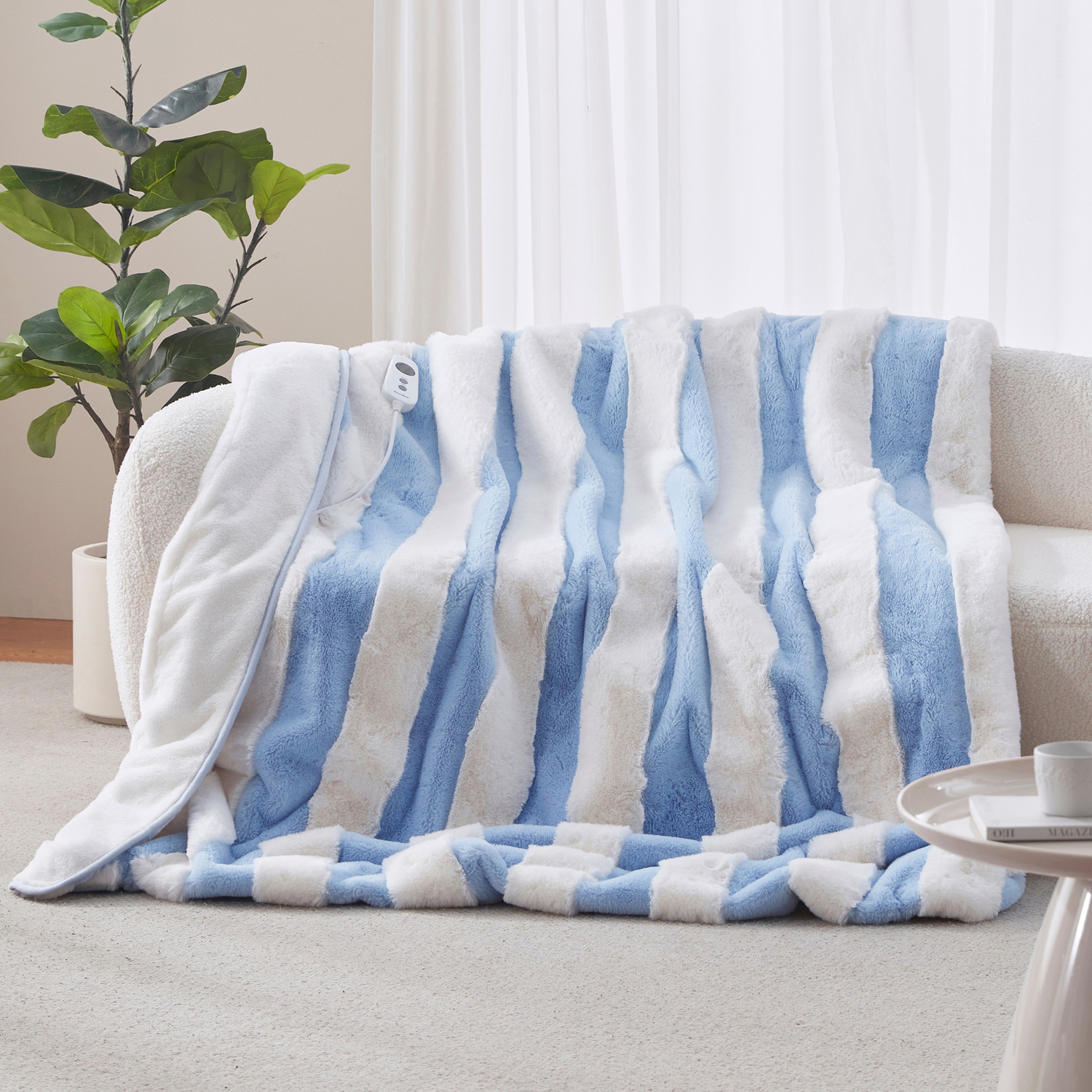 Aris Carved Stripe Faux Fur Heated Throw