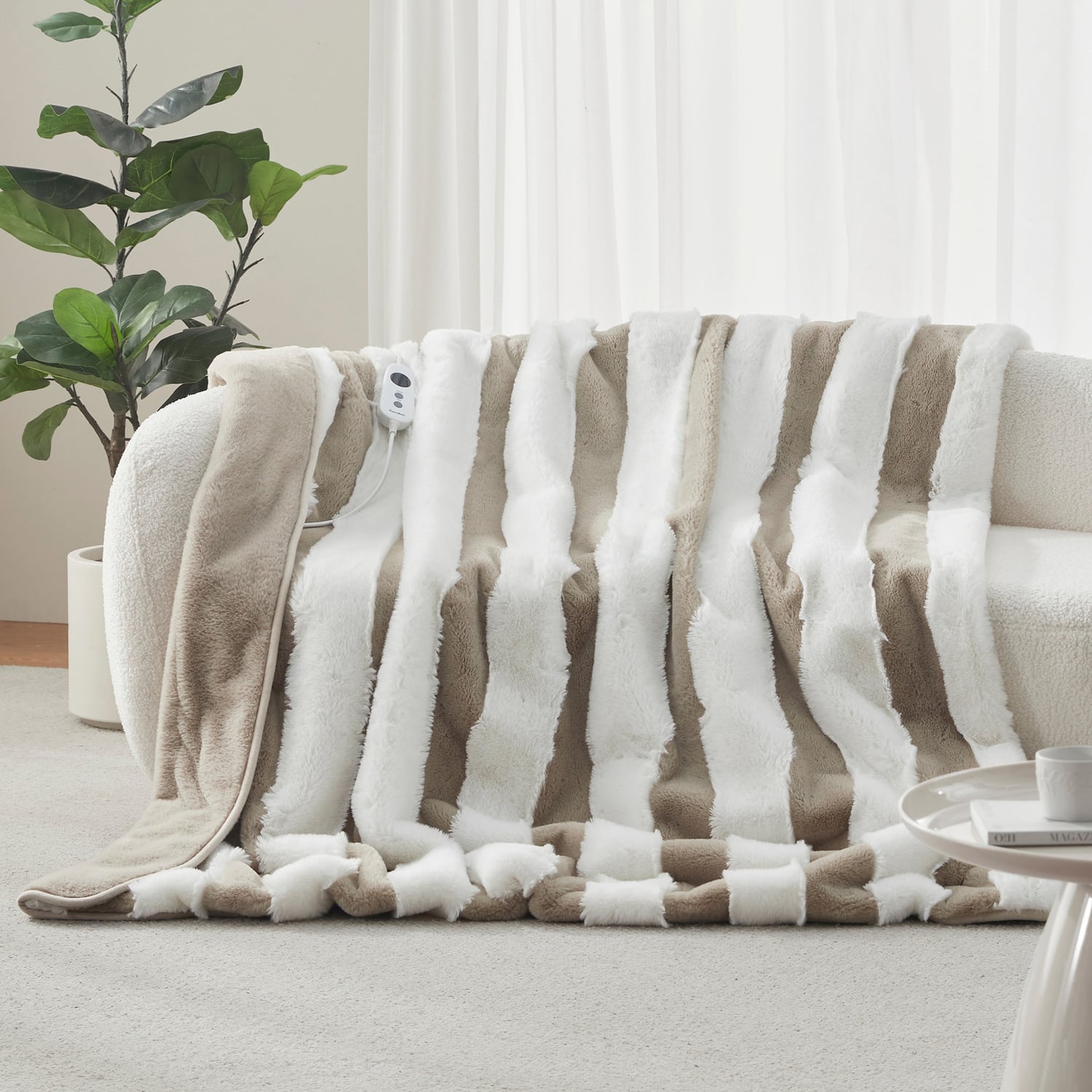 Aris Carved Stripe Faux Fur Heated Throw