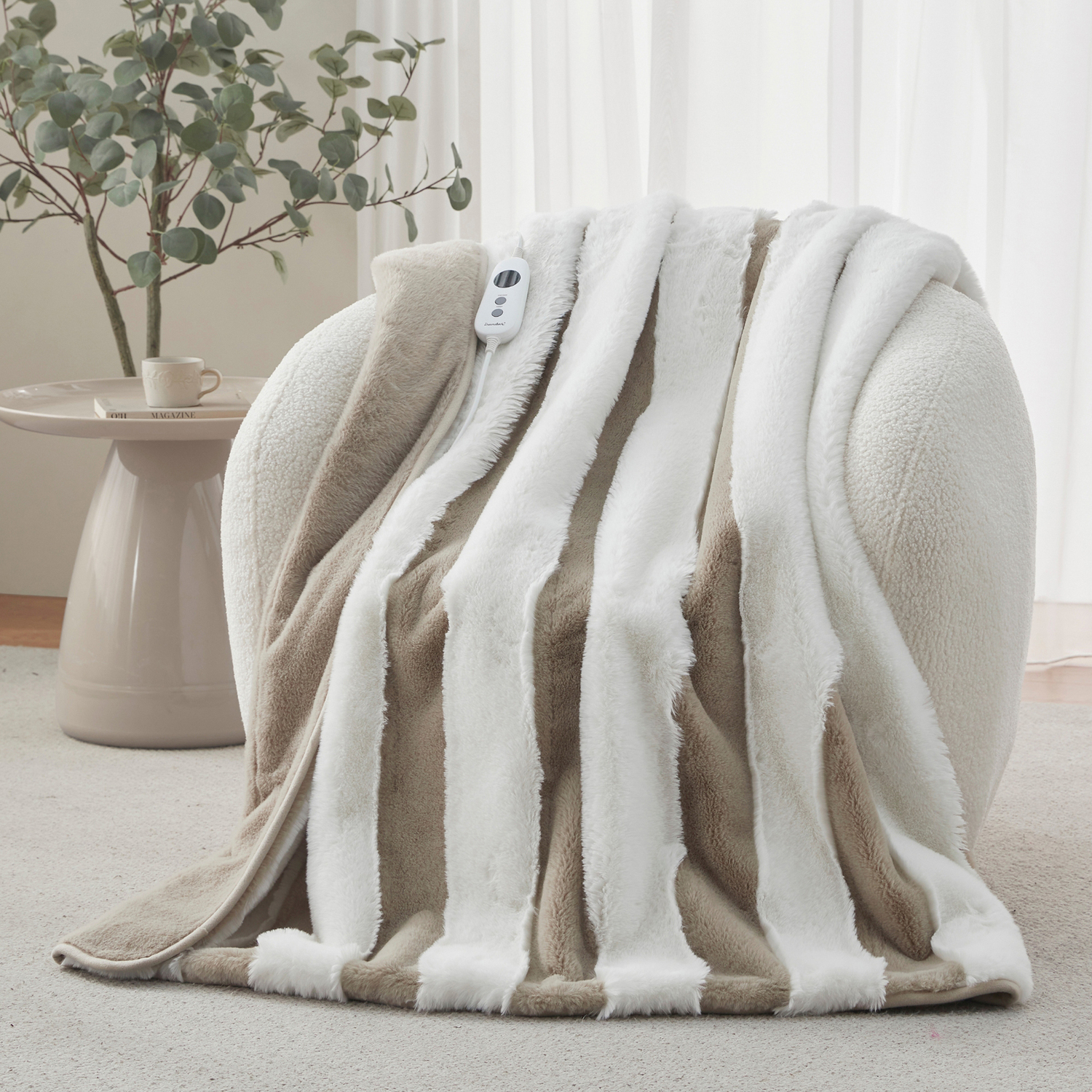 Aris Carved Stripe Faux Fur Heated Throw