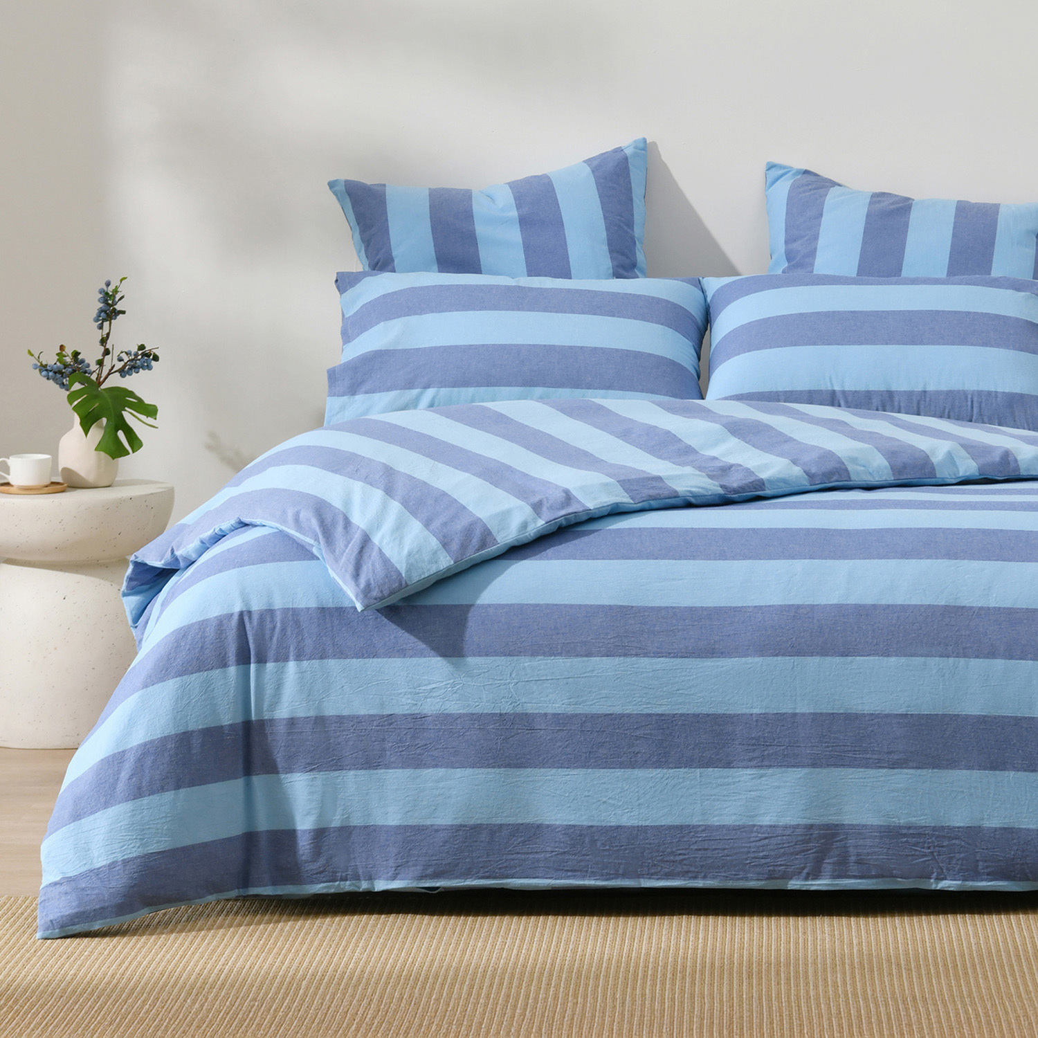 Blue Noa Stripe Washed Cotton Quilt Cover Set
