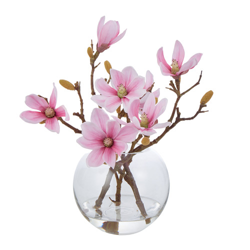 33cm Pink Eugene Faux Mini Magnolia with Glass Vase