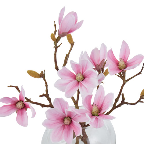33cm Pink Eugene Faux Mini Magnolia with Glass Vase