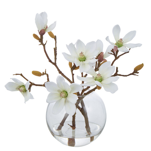 33cm White Eugene Faux Mini Magnolia with Glass Vase