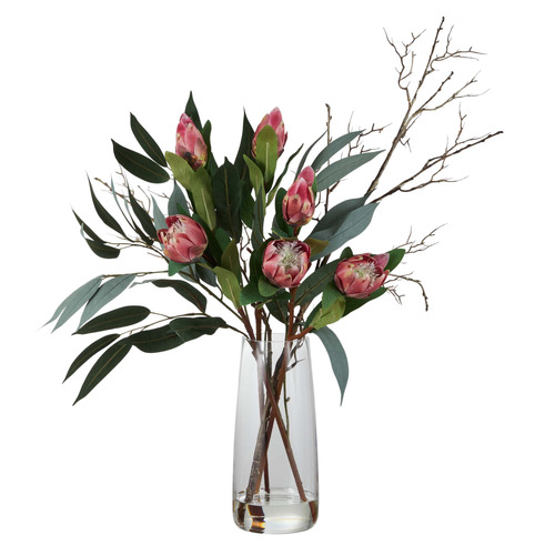 69cm Faux Mixed Protea & Eucalyptus in Glass Vase