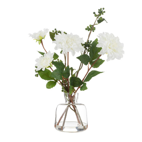 37cm White Faux Dahlia Dewberry with Glass Vase