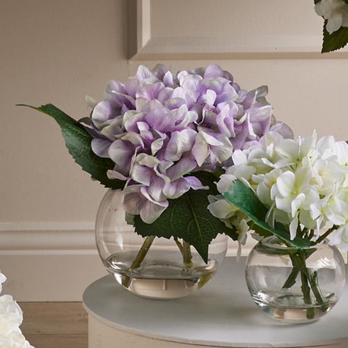 25cm Purple Faux Hydrangea Stem with Glass Vase