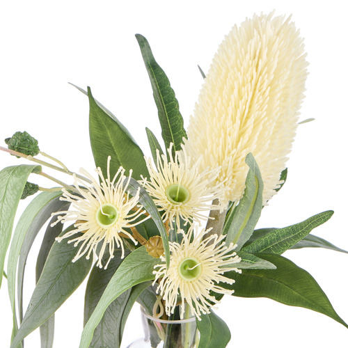 38cm Faux Banksia Eucalyptus Mix with Glass Vase