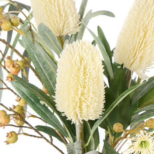 58cm Faux Banksia Eucalyptus Mix with Glass Vase
