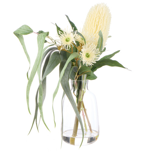 38cm Faux Banksia Eucalyptus Mix with Glass Vase