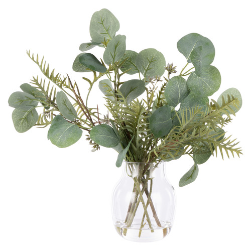 36cm Faux Eucalyptus Pod Grevillea with Glass Vase