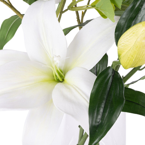 80cm Faux Lily & Ginko Arrangement with Glass Vase