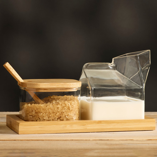 4 Piece Glass & Bamboo Milk Jug & Sugar Jar Set