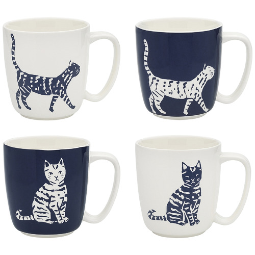 4 Piece Walking Cat 300ml Porcelain Mugs Set