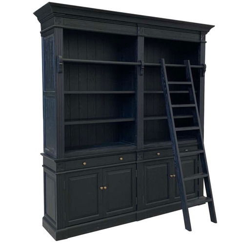 Black French Wooden Bookcase with Ladder Temple & ster