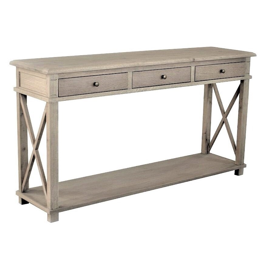 X-Brace-3-Drawer-Oak-Wood-Console-Table
