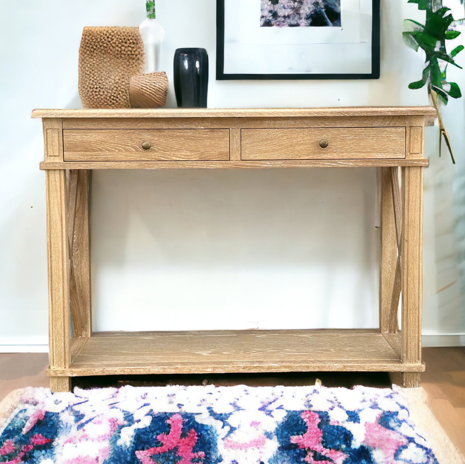 X-Brace-2-Drawer-Oak-Console-Table
