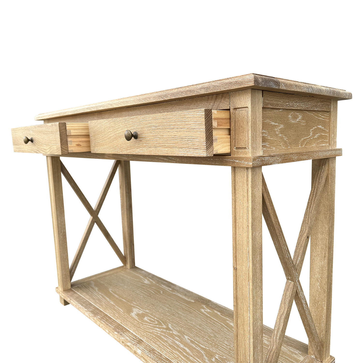 X-Brace-2-Drawer-Oak-Console-Table