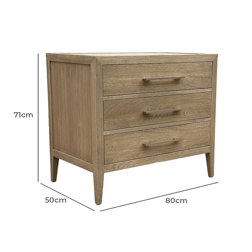 Blanchard Oak Wood 3 Drawer Bedside Table