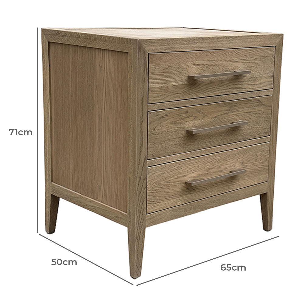 Blanchard Oak Wood 3 Drawer Bedside Table