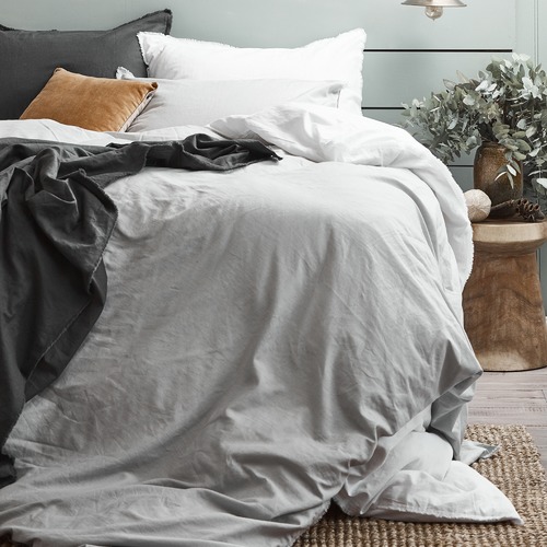 Dove Grey Frayed Edge LinenBlend Quilt Cover Set Temple & ster