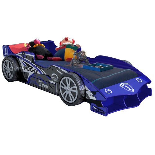 Blue Speed Racing MDF Single Car Bed With Drawer & Shelving