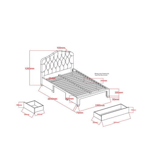 VIC Furniture Grey Kiev Upholstered Bed Frame with Storage Temple