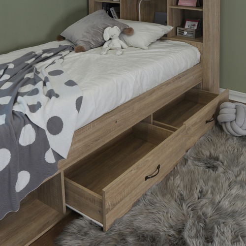 Vic Furniture Jeppe Oak King Single Bed, King Single Bed With Bookcase Headboard