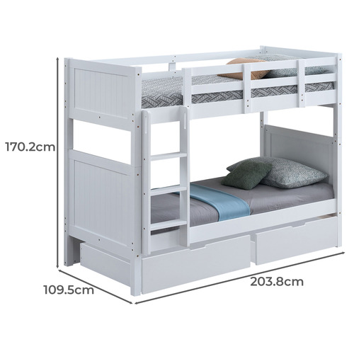 Lincoln Single Rubberwood Bunk Bed with Drawers